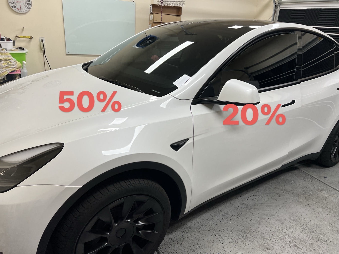White Tesla Model Y with tint percentage labels marking windshield and side window shades